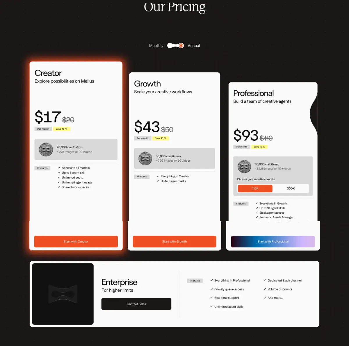 Our Pricing Pricing section from Melius