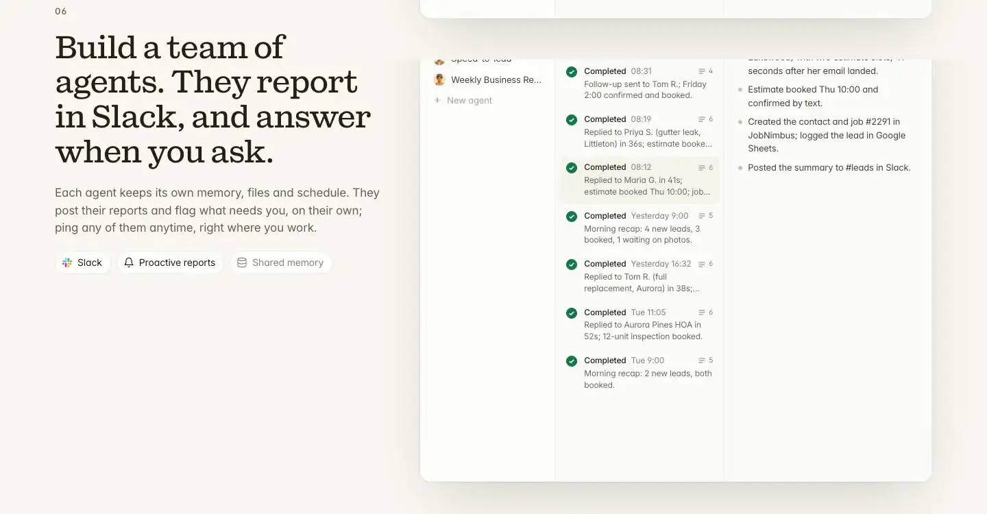 Agent team with Slack reporting feature-card section from Twin