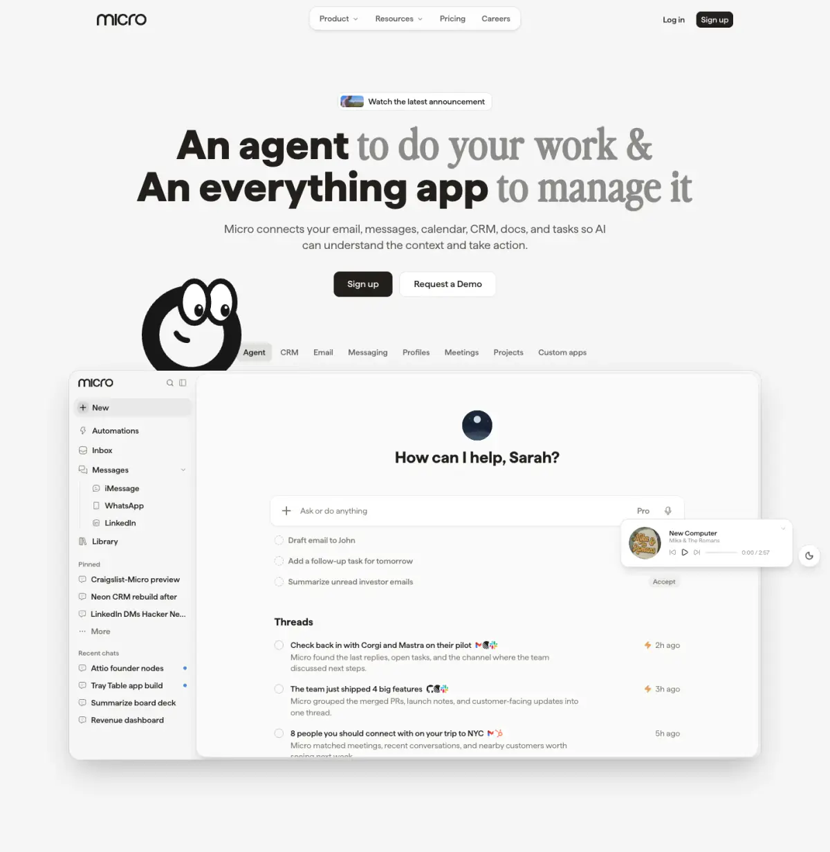 An agent to do your work & An everything app to manage it hero section from Micro