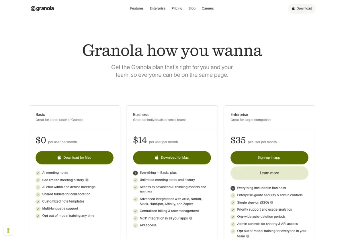 Granola how you wanna hero section from Granola