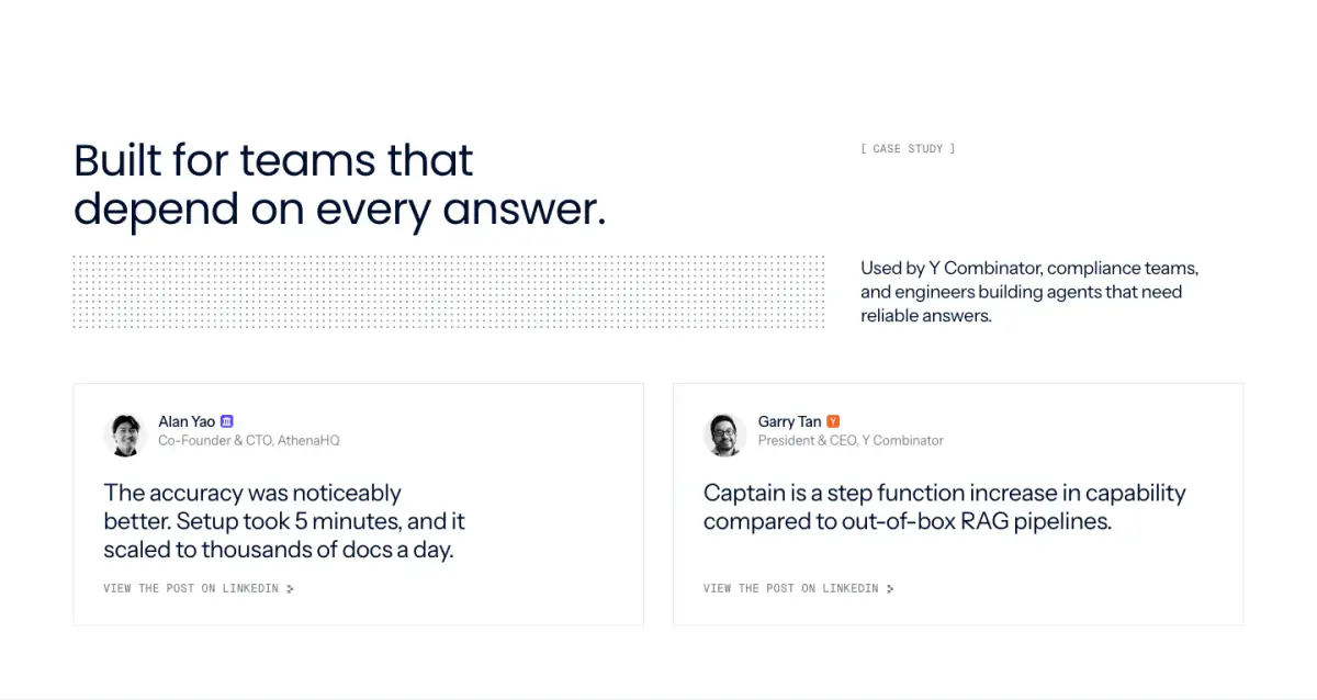 Built for teams that depend on every answer. features section from Captain