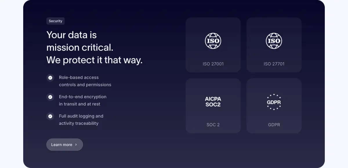 Your data is mission critical. We protect it that way. features section from Clarasight