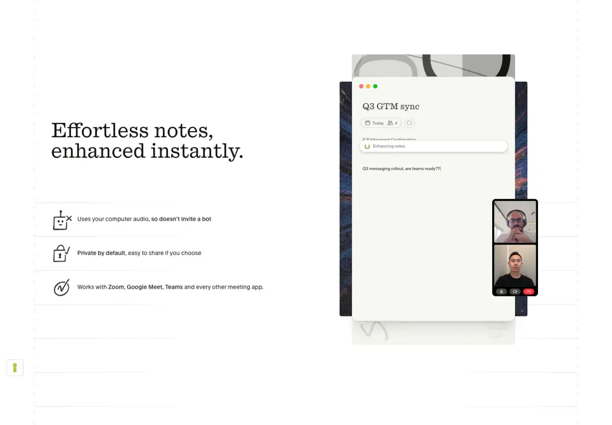 Effortless notes, enhanced instantly. features section from Granola