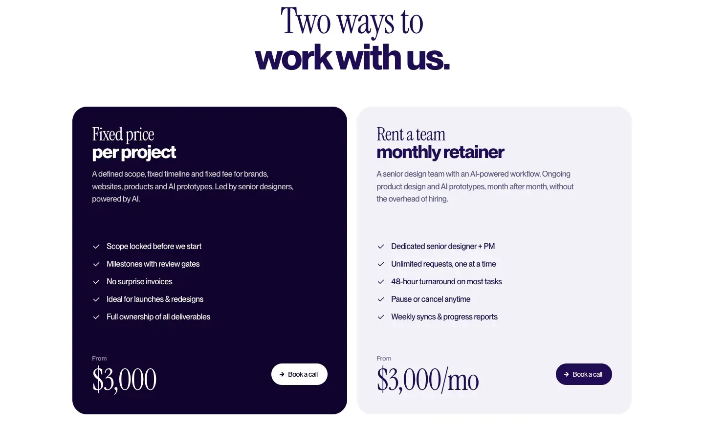 Two Ways to Work With Us Pricing section from PostGeneric