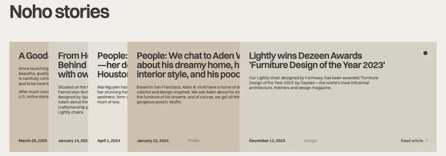 Noho stories article carousel editorial section from Noho