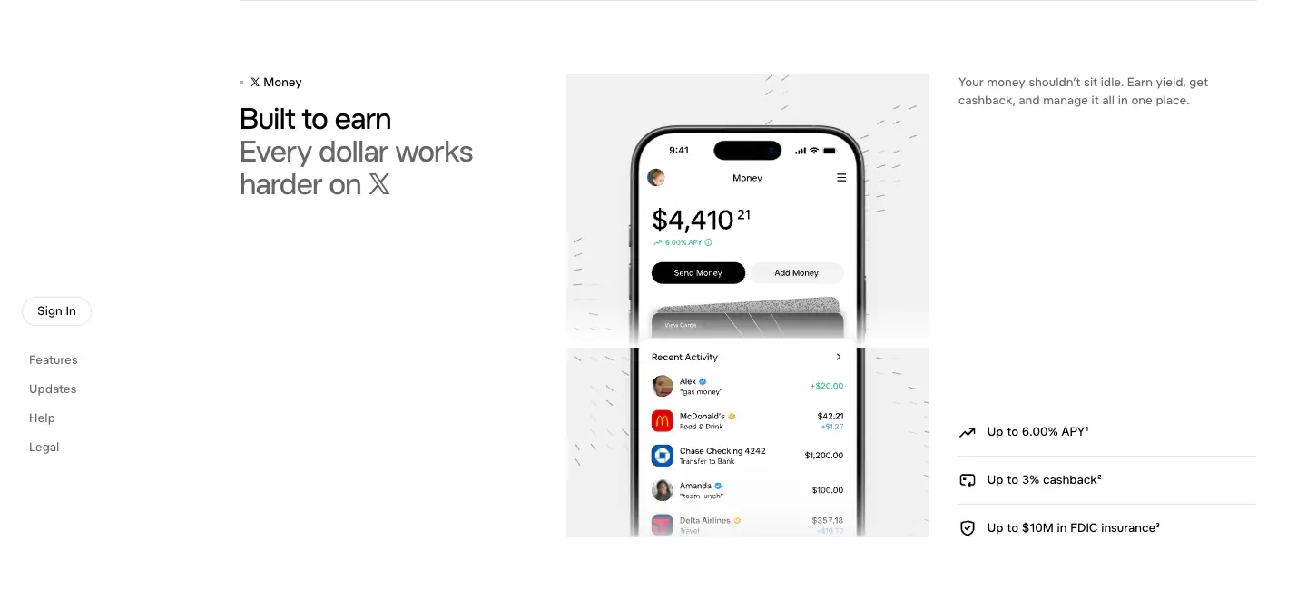 Built to earn Every dollar works harder on >x< features section from X Money