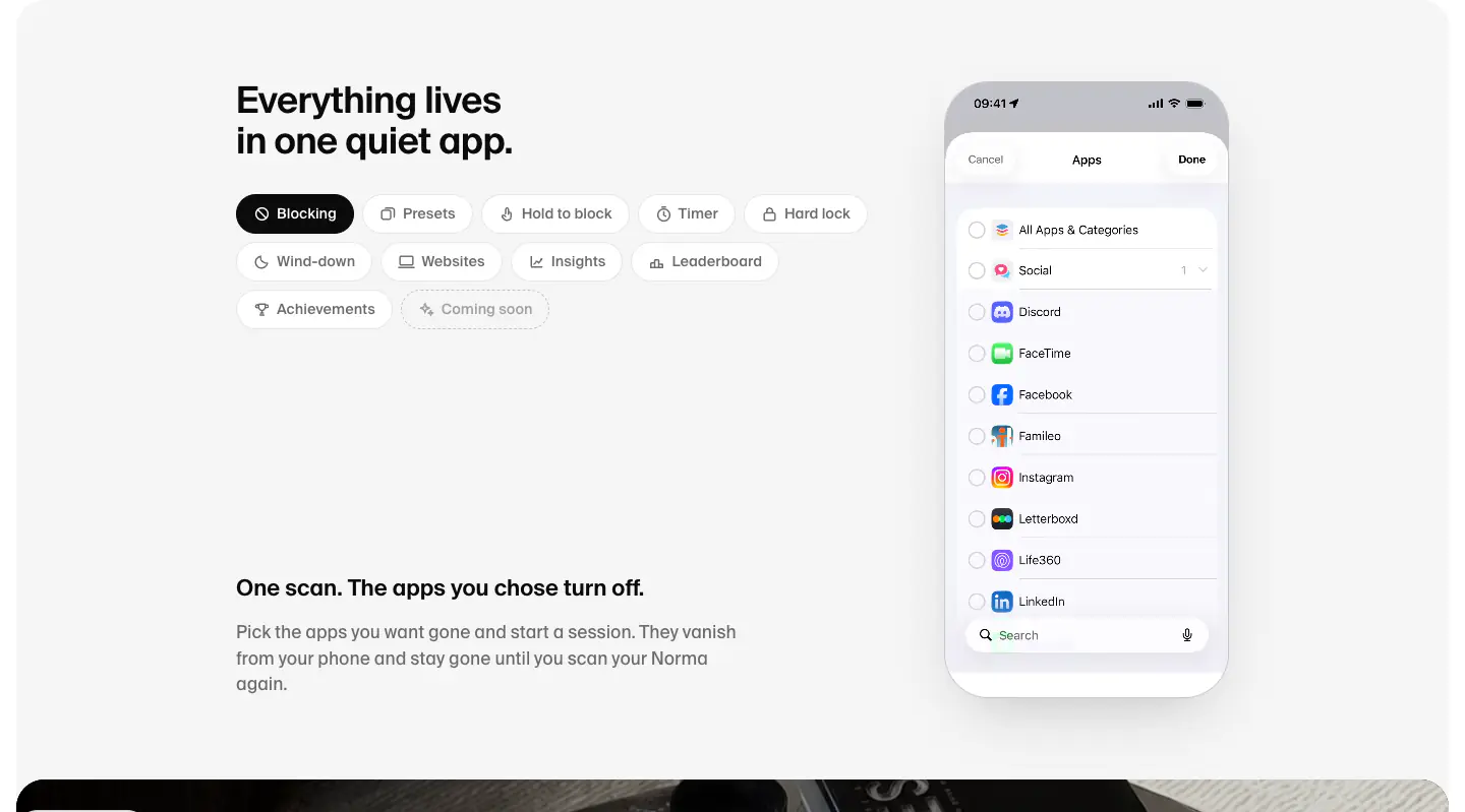 Everything lives in one quiet app. Features section from Nor