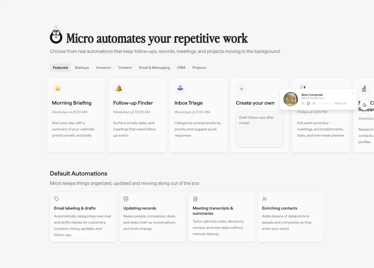 Micro automates your repetitive work features section from Micro