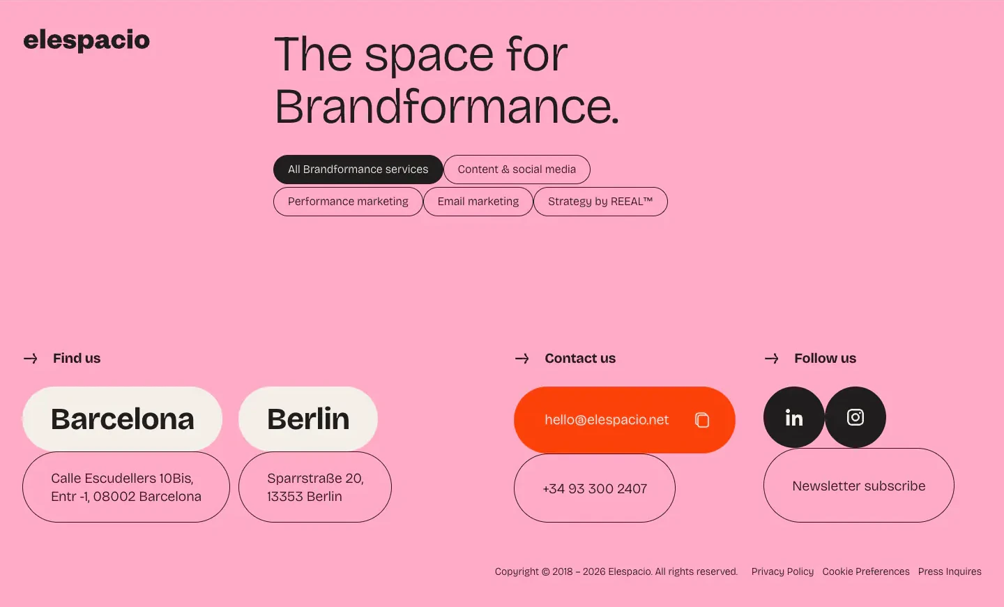 Brandformance Contact Footer footer section from Elespacio