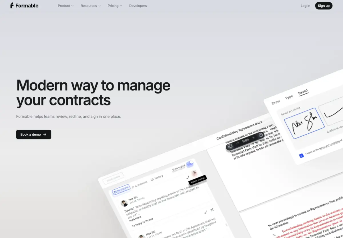 Modern way to manage your contracts hero section from Formable