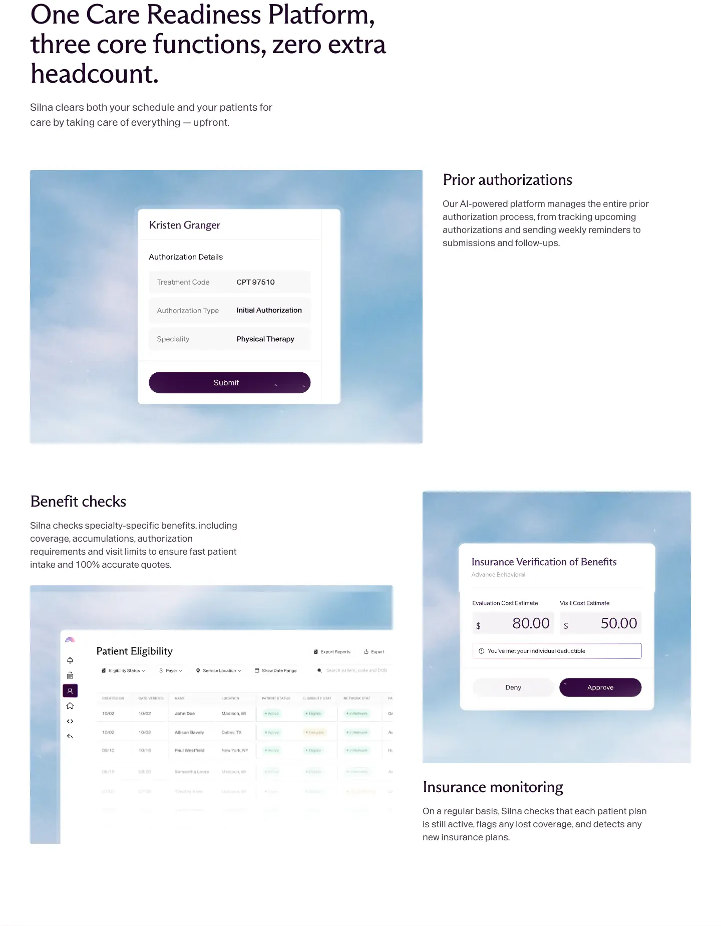 Three Core Care Readiness Functions Feature Grid section from Silnahealth