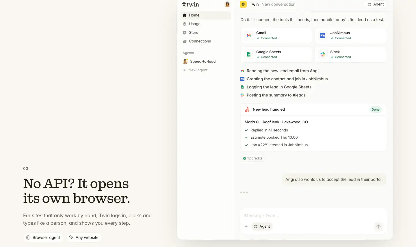 No API? Browser Agent feature-card section from Twin