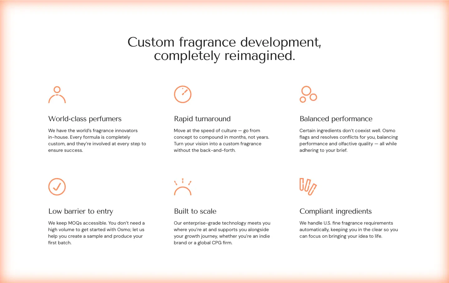 Custom Fragrance Development Benefits Feature Grid section from Osmo