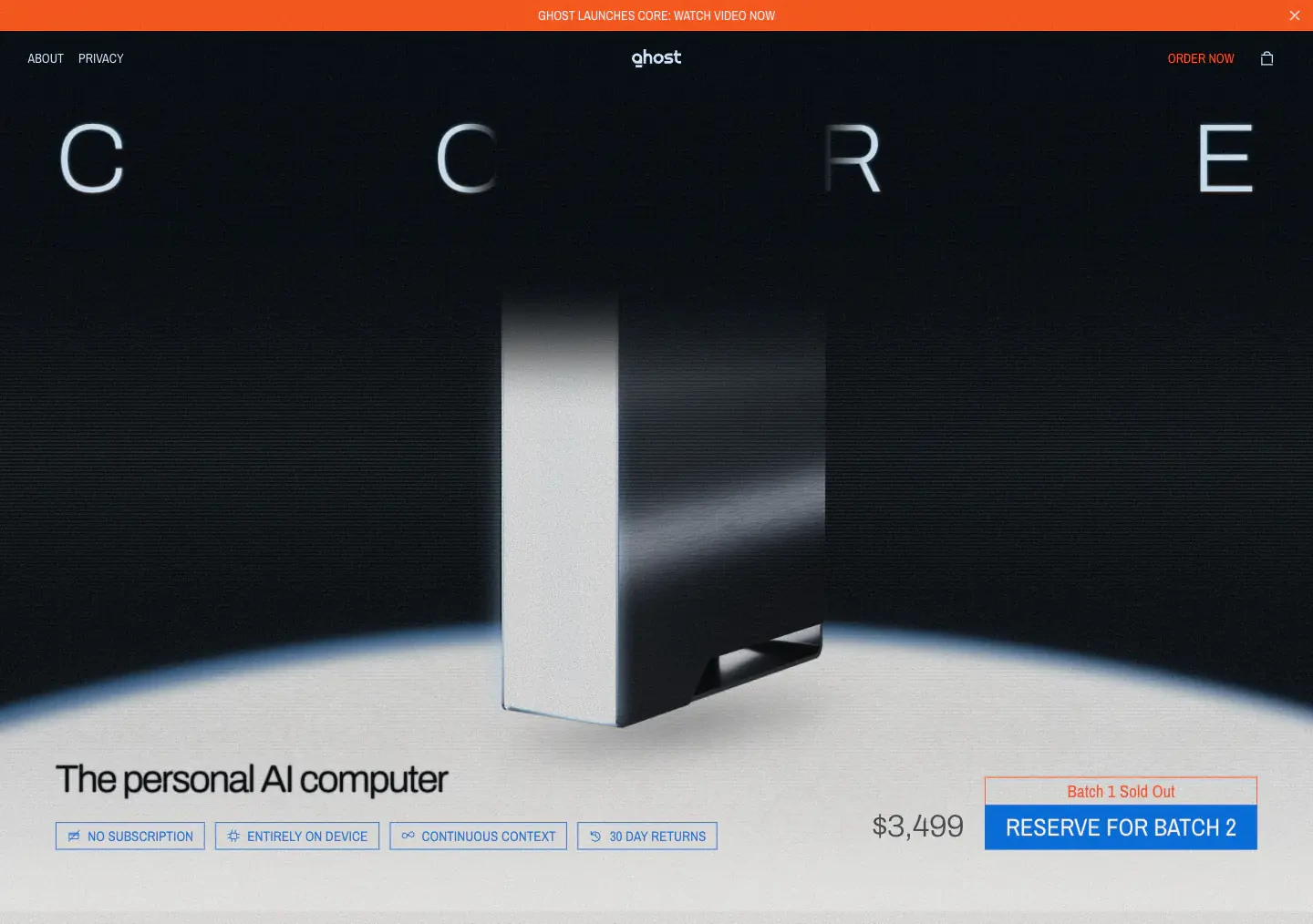 Core Personal AI Computer Launch Hero hero section from Ghost AI