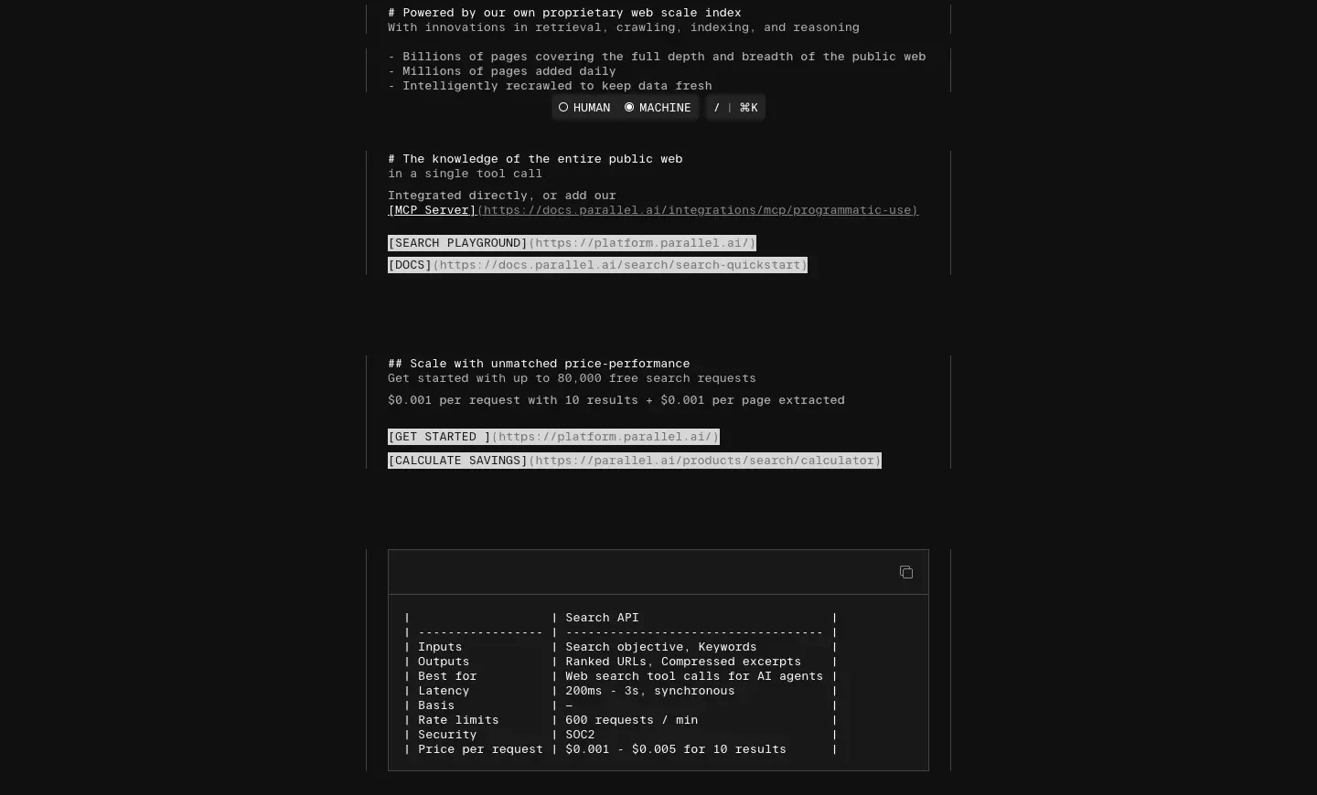 Web-Scale Search API Overview Pricing section from Parallel