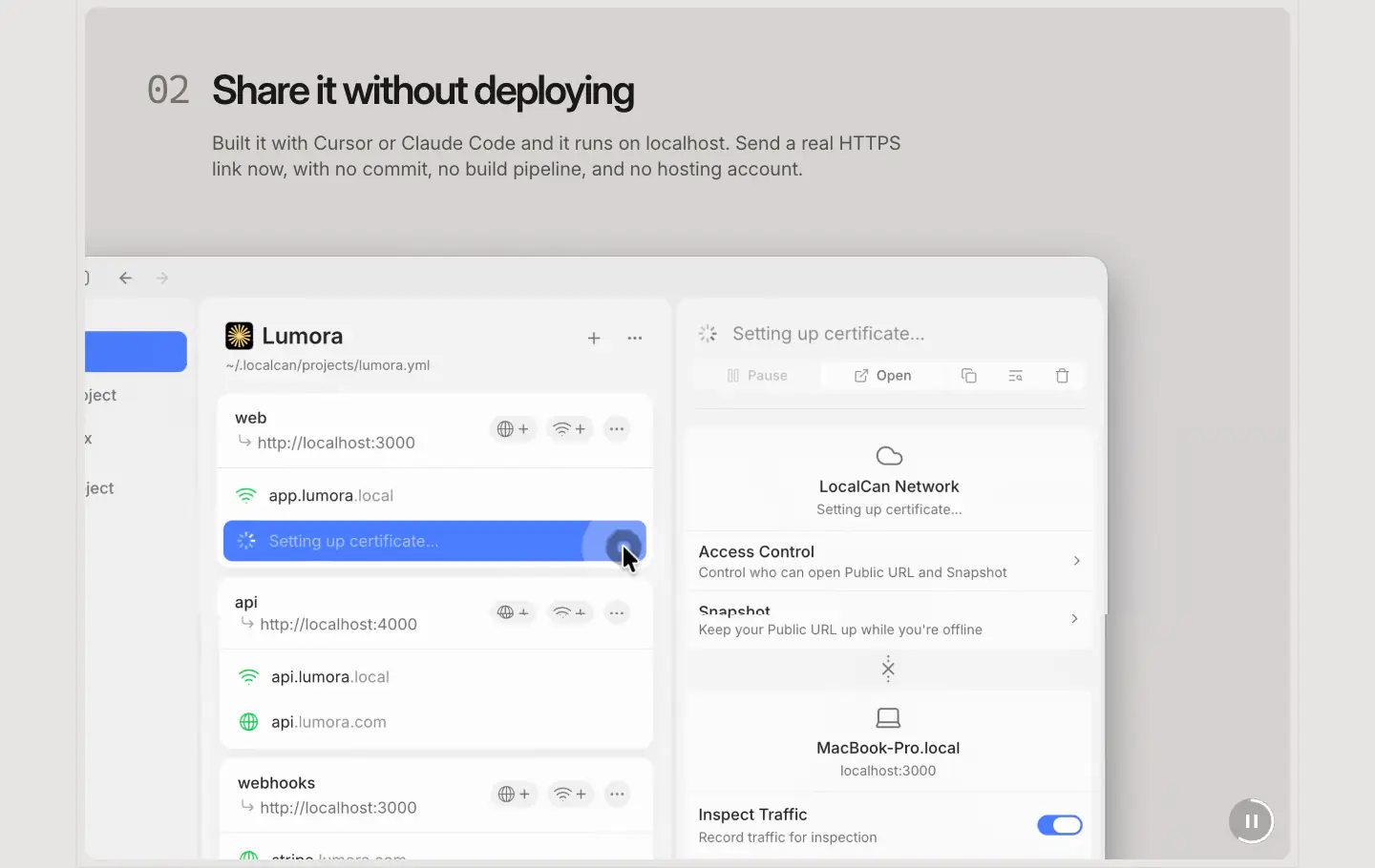 Share it without deploying Features section from Localcan
