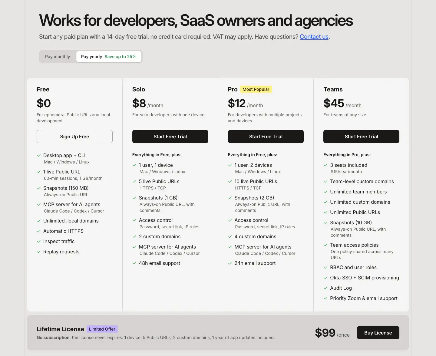Developer, SaaS and Agency Pricing Pricing section from Localcan