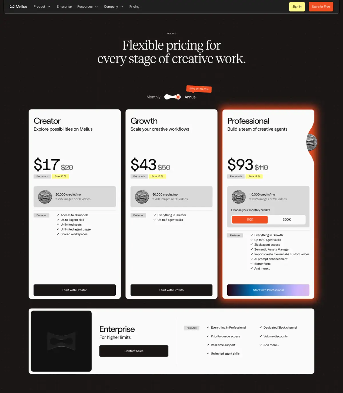 Flexible pricing for every stage of creative work. Hero section from Melius