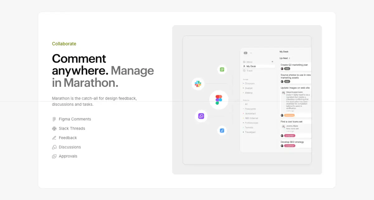 Comment anywhere. Manage in Marathon. features section from Marathon