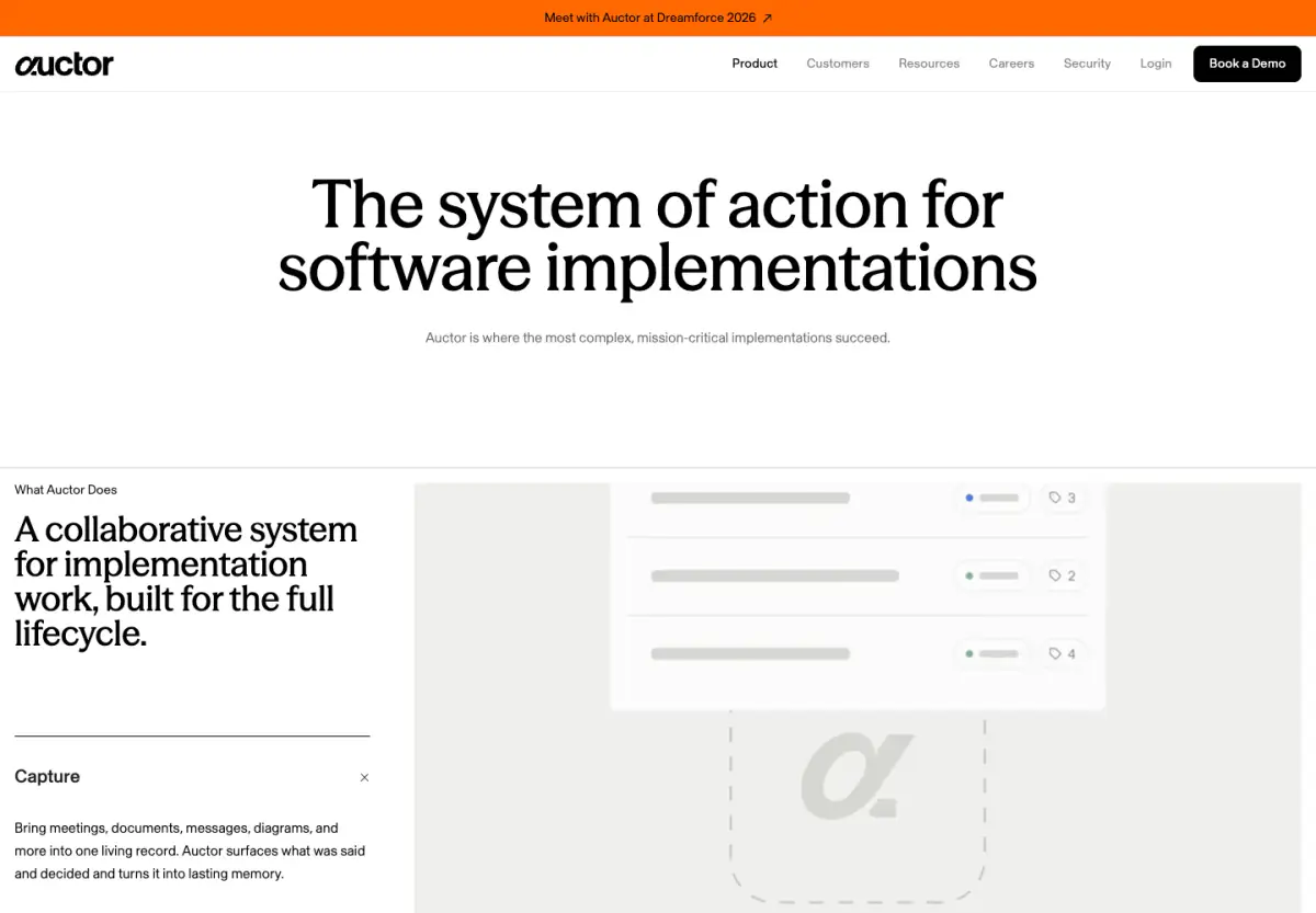 The system of action for software implementations hero section from Auctor