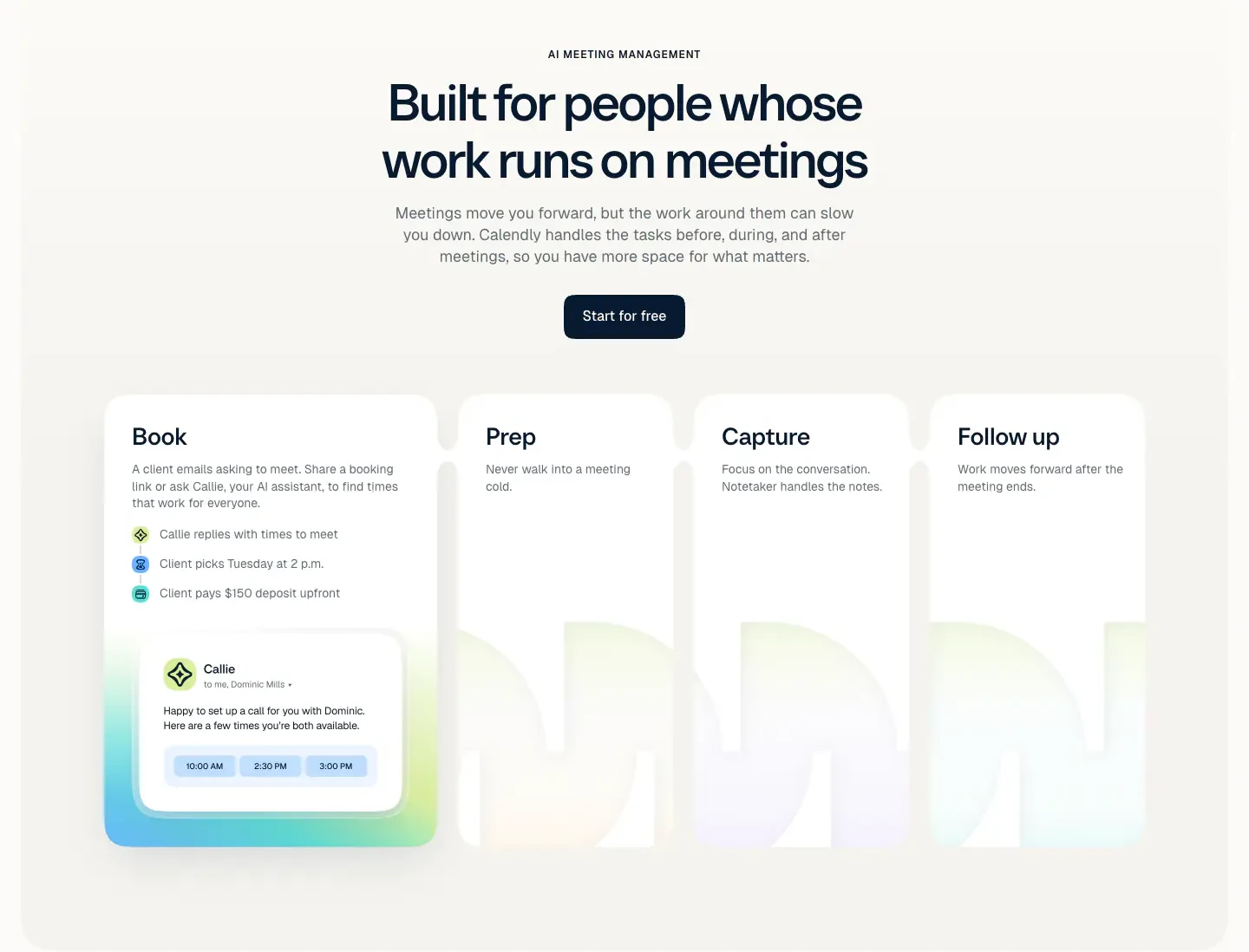 AI Meeting Workflow process section from Calendly