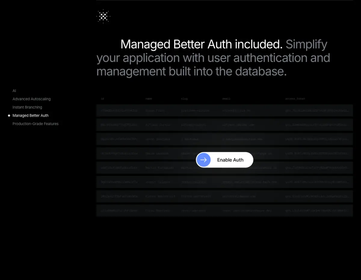 Managed Better Auth included. Simplify your application with user… features section from Neon