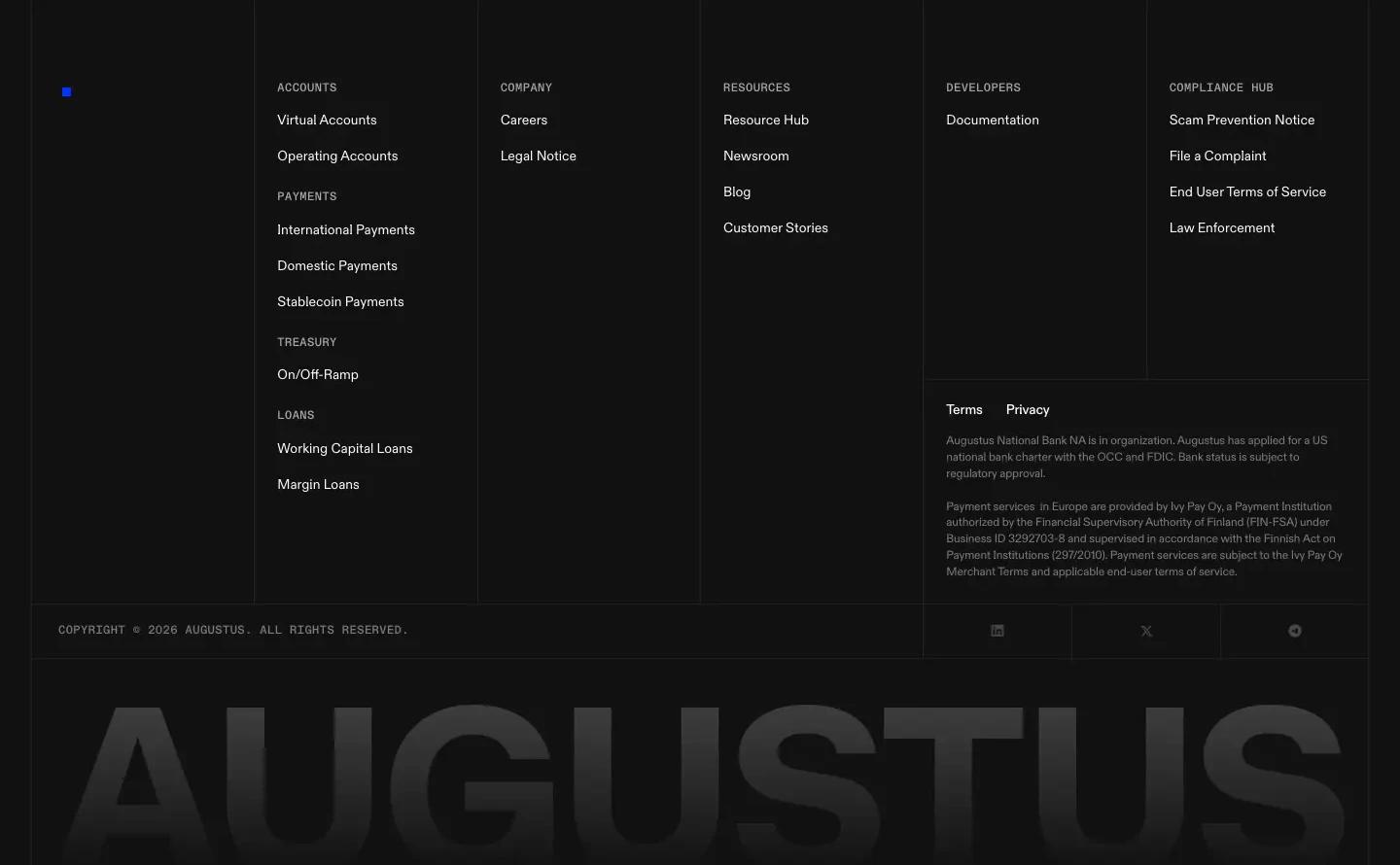 Augustus Link-Dense Footer Footer section from Augustus
