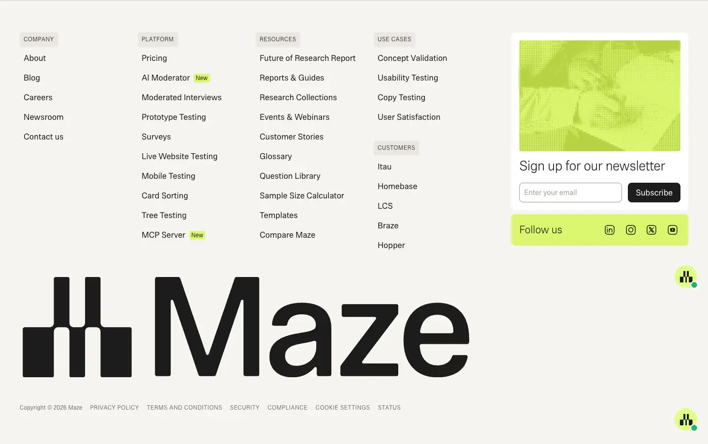 Mega Footer with Newsletter Signup footer section from Maze