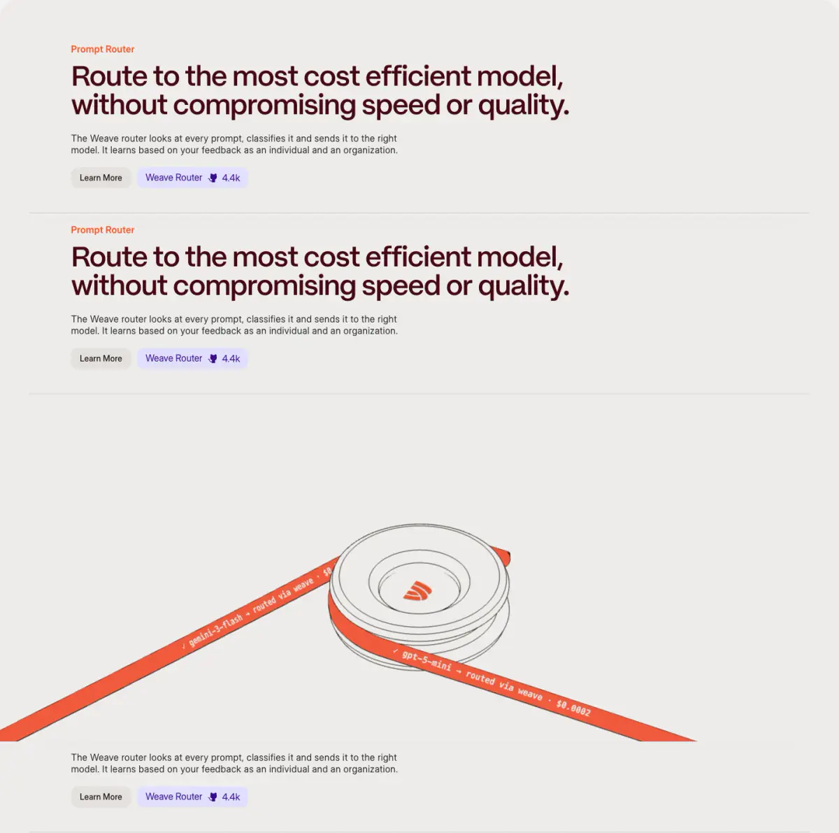 Route to the most cost efficient model, without compromising speed or… features section from Weaveos