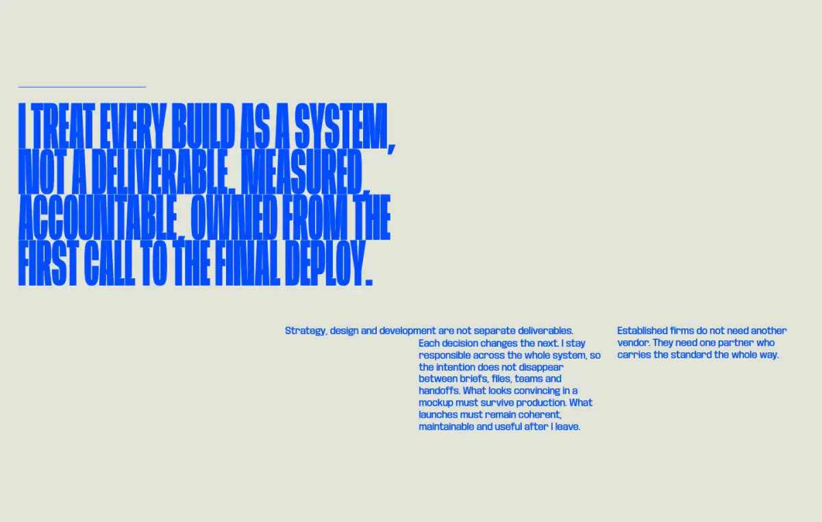 I TREAT EVERY BUILD AS A SYSTEM, NOT A DELIVERABLE. MEASURED,… features section from Pash