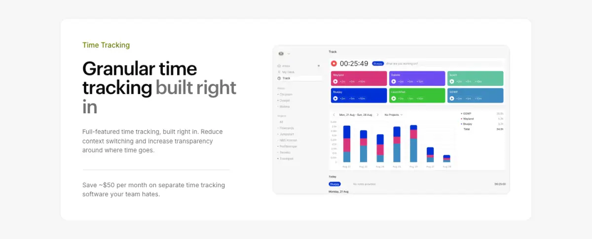 Granular time tracking built right in features section from Marathon