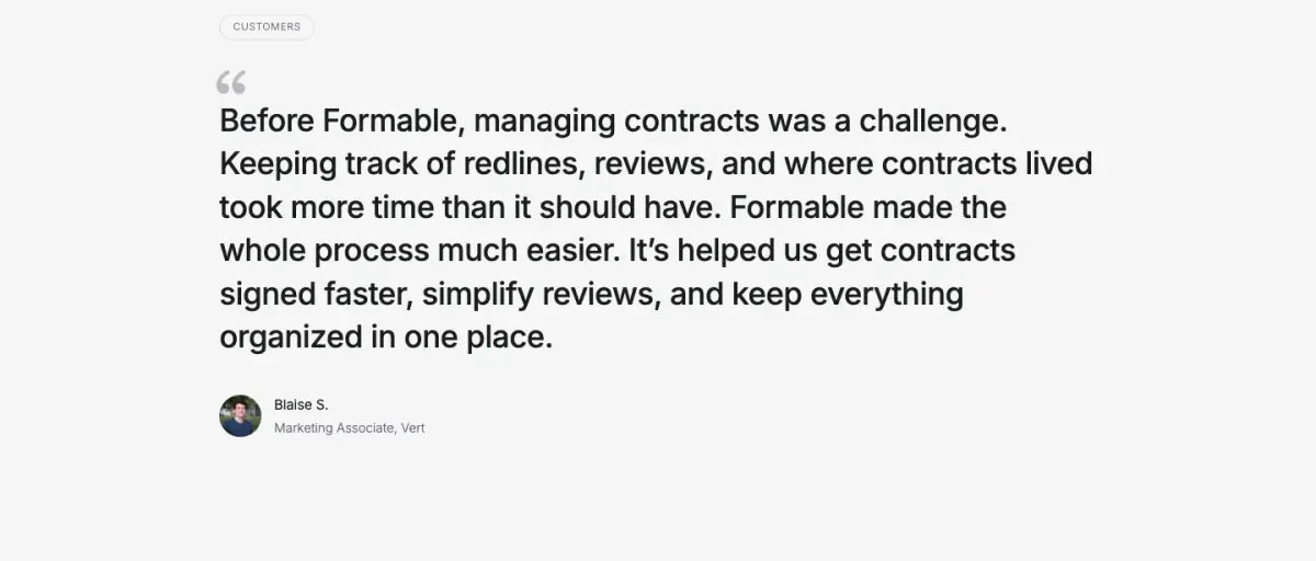 Customer testimonial testimonials section from Formable