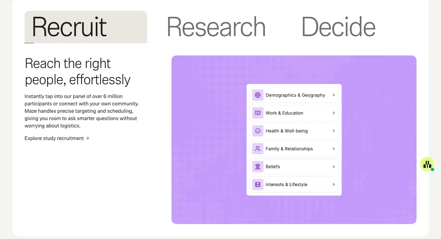 Recruit, Research, Decide workflow Features section from Maze
