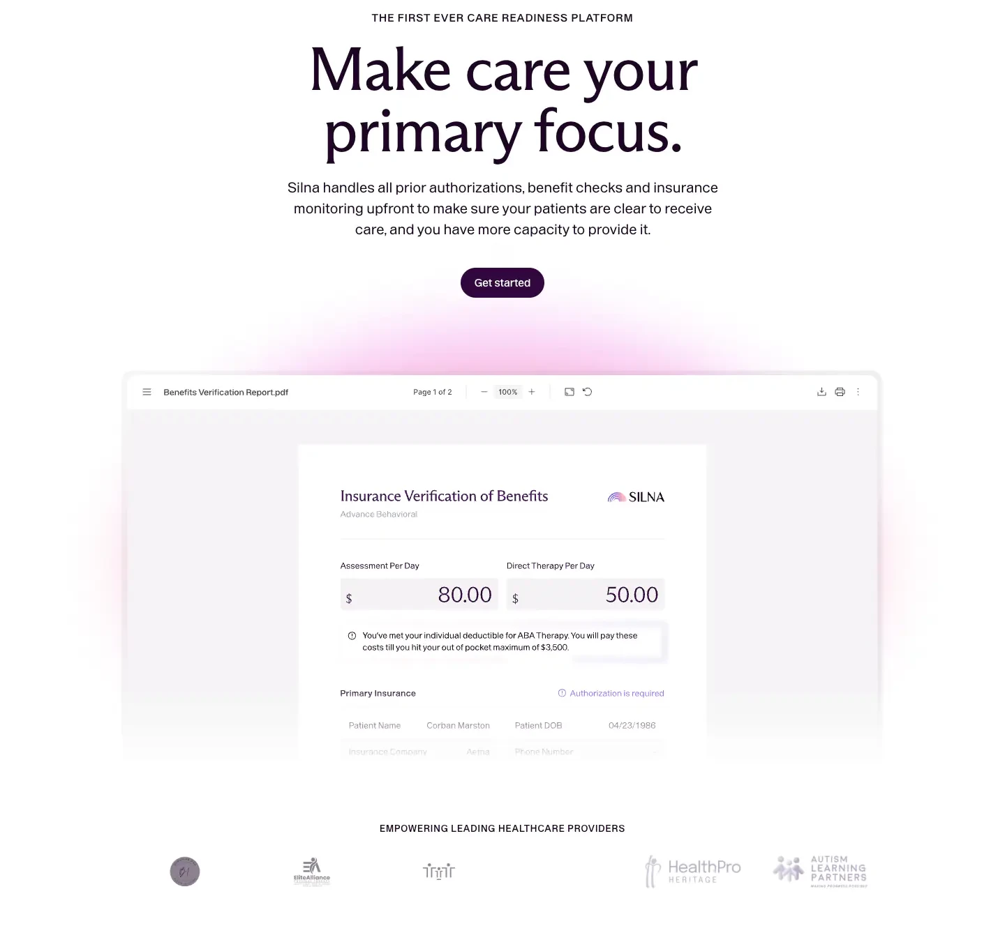 Care readiness platform hero Hero section from Silnahealth