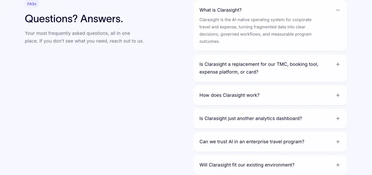 Questions? Answers. faq section from Clarasight