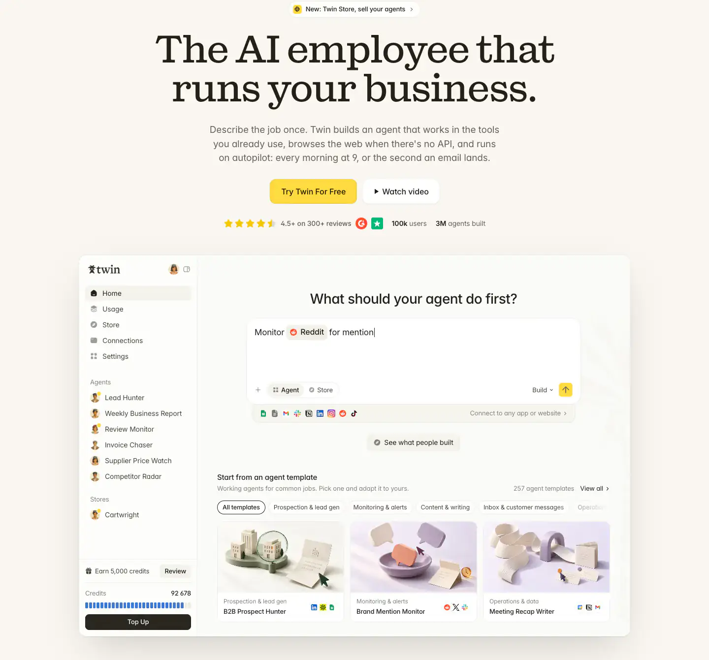 AI Employee Product Hero hero section from Twin
