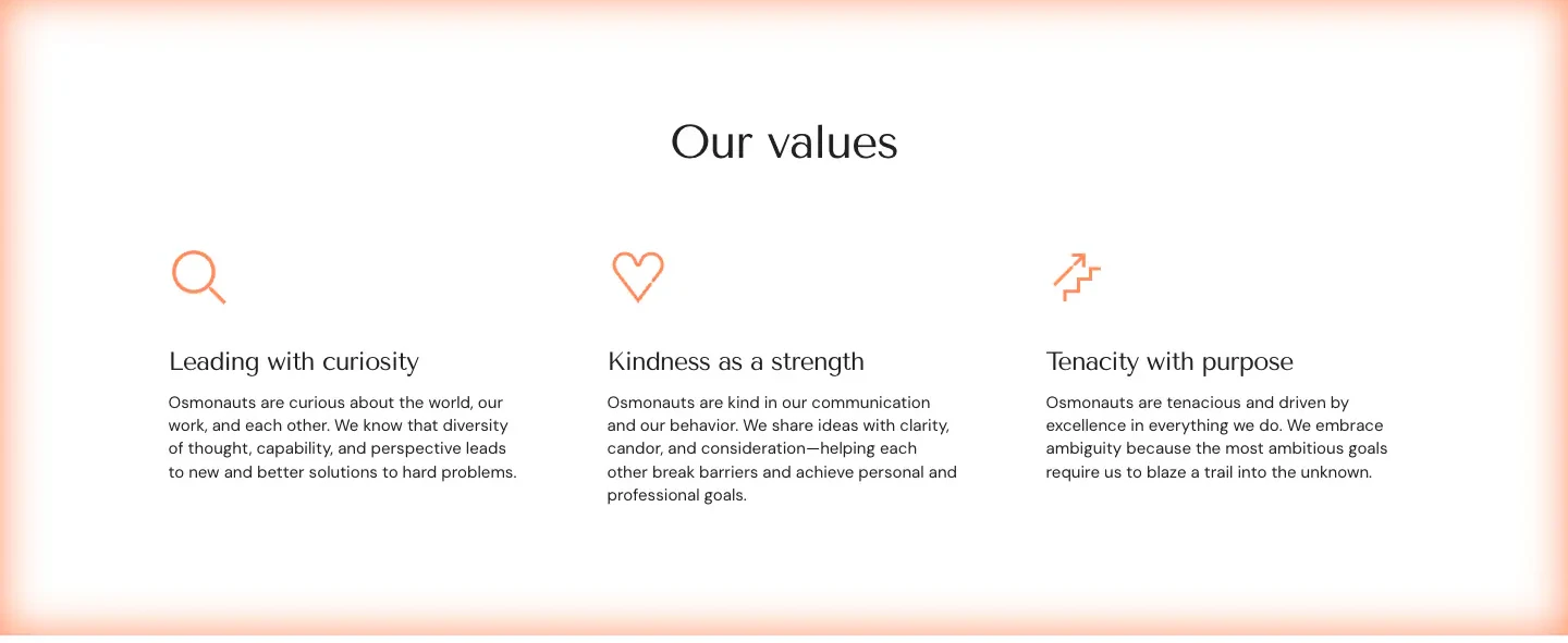 Our Values Feature Grid section from Osmo