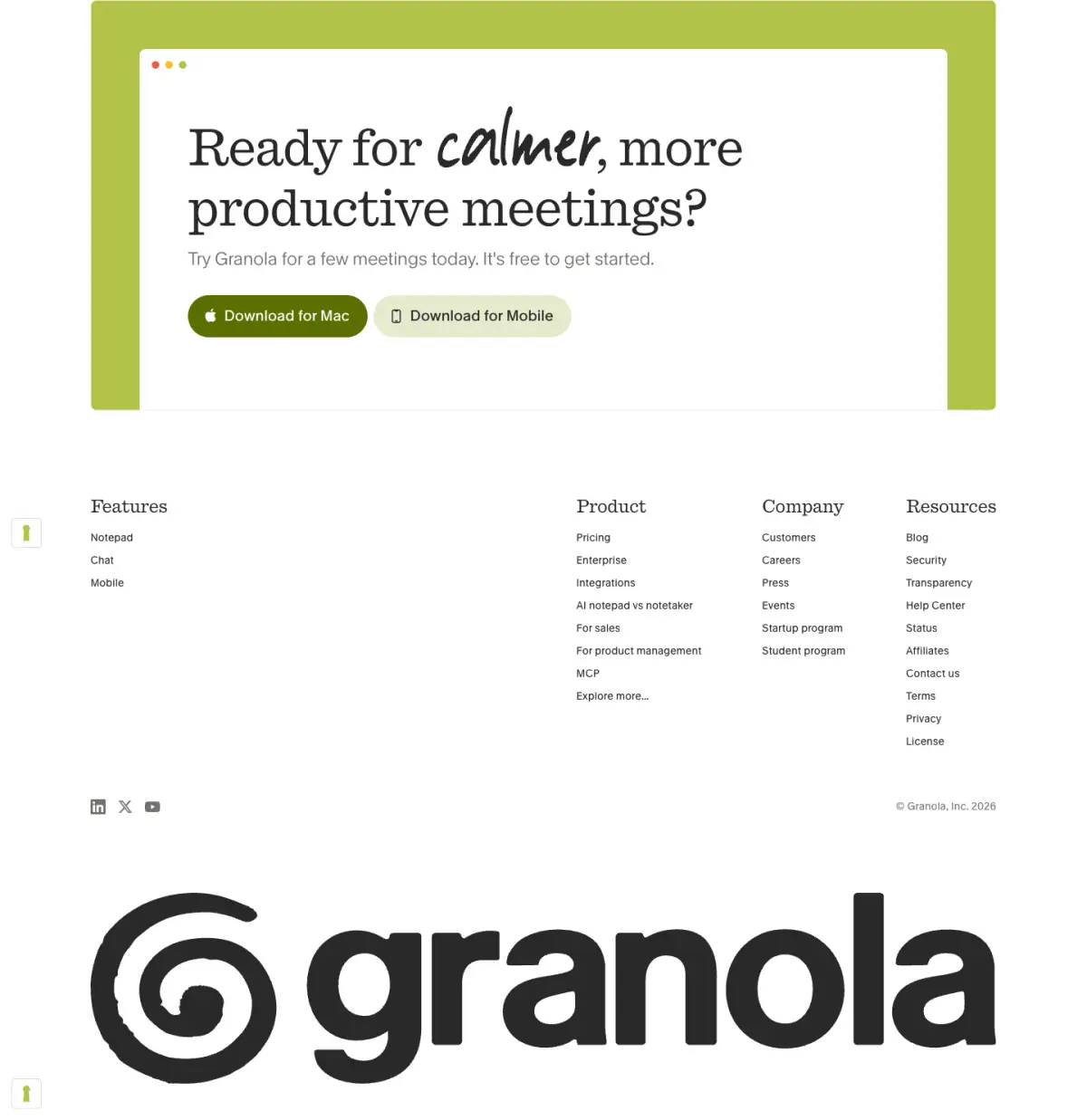 Ready for calmer , more productive meetings? footer section from Granola