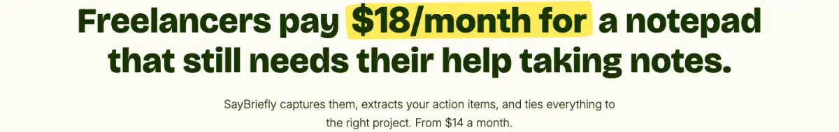 Freelancers pay $18/month for a notepad that still needs their help… cta section from Saybriefly