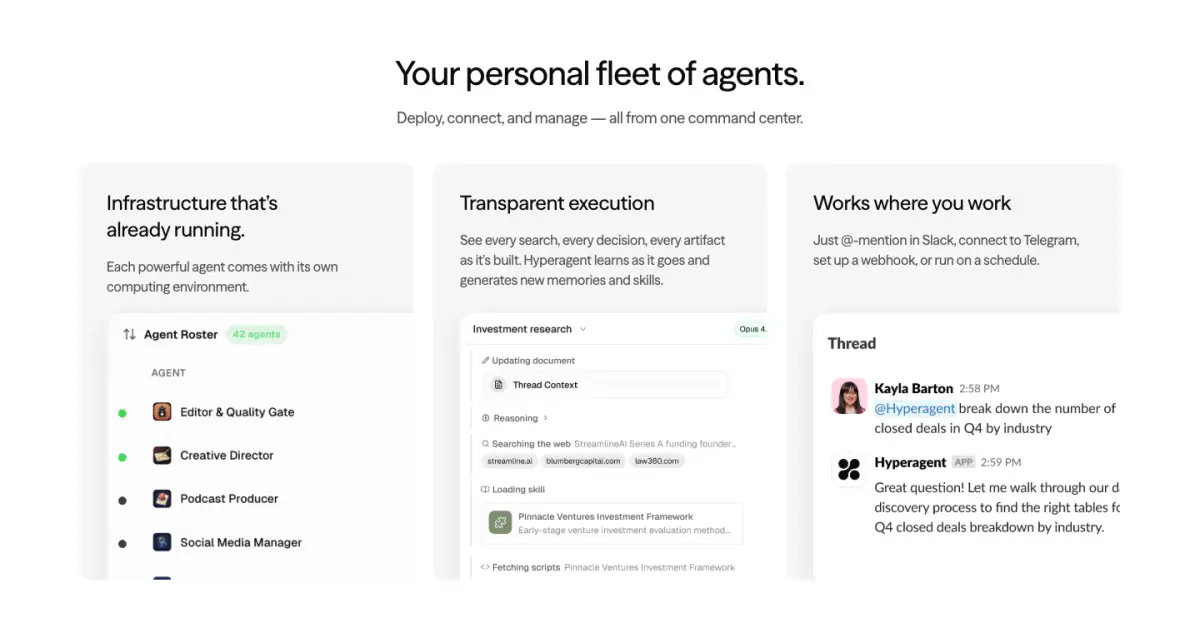 Your personal fleet of agents. Features section from Gradient: AI for Investors