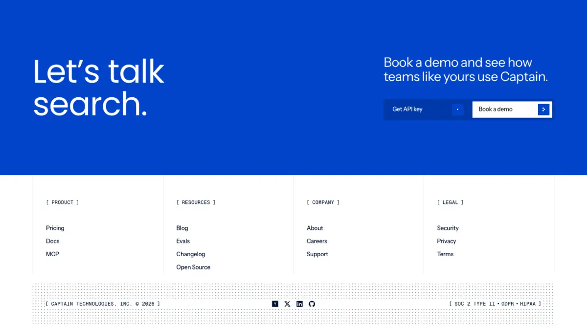 Let’s talk search. footer section from Captain