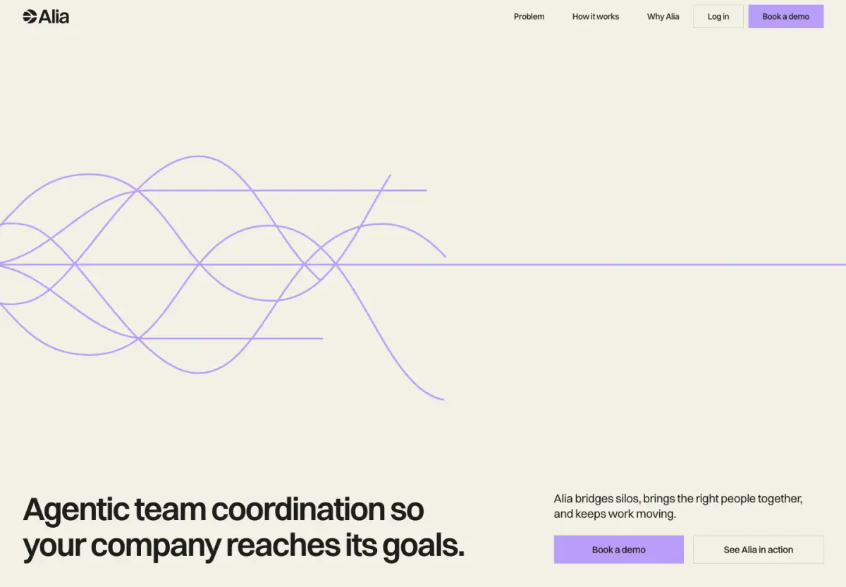 Agentic team coordination so your company reaches its goals. hero section from Alia