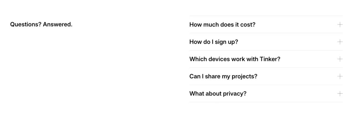 Questions? Answered. faq section from Tinker