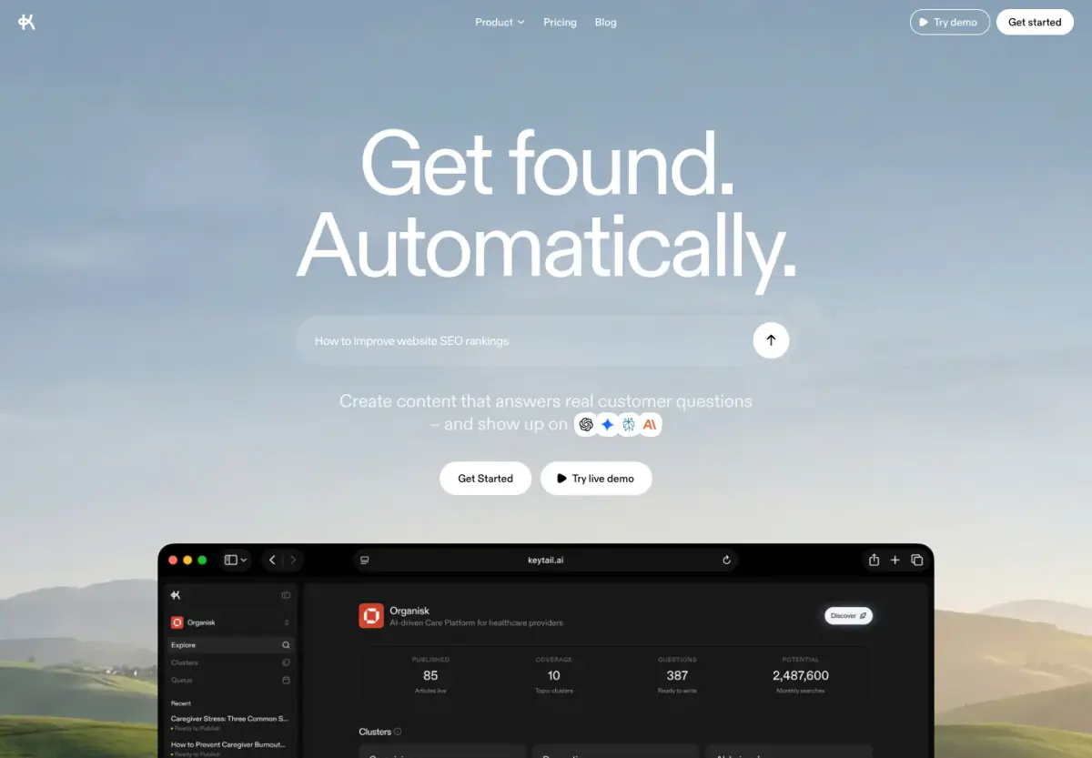Get found. Automatically. hero section from Keytail
