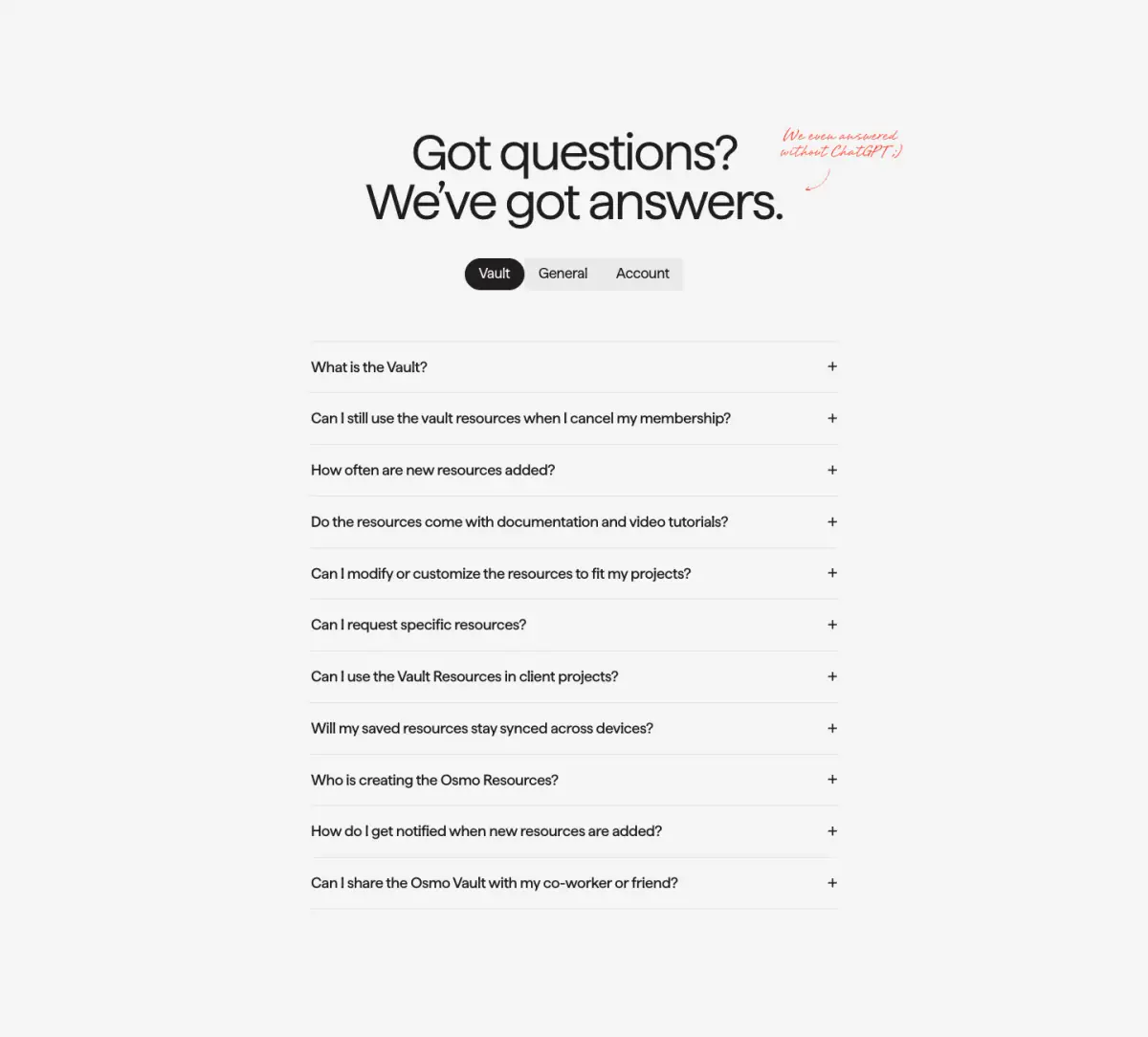 Got questions? We’ve got answers. faq section from Osmo