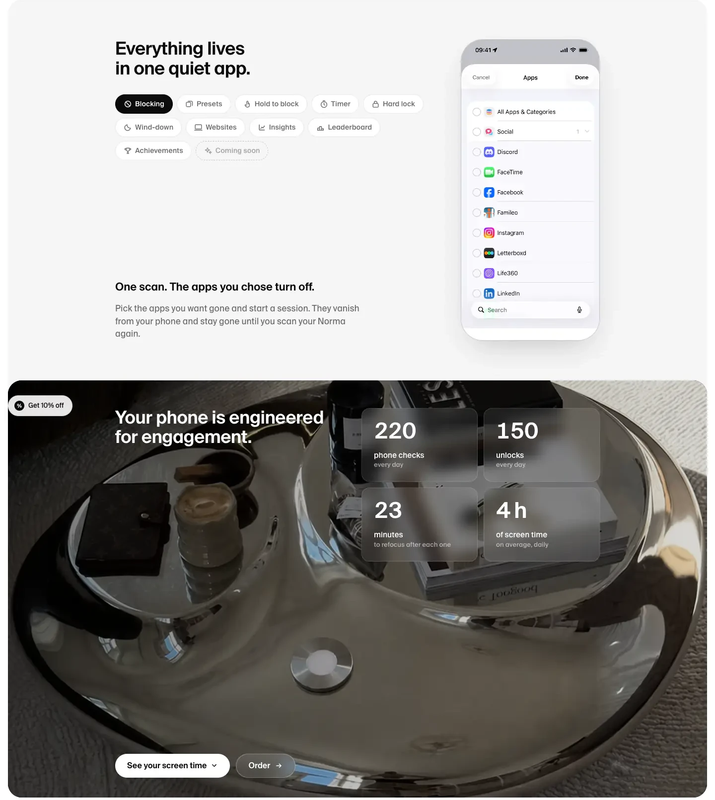 App controls and screen-time impact Features section from Nor