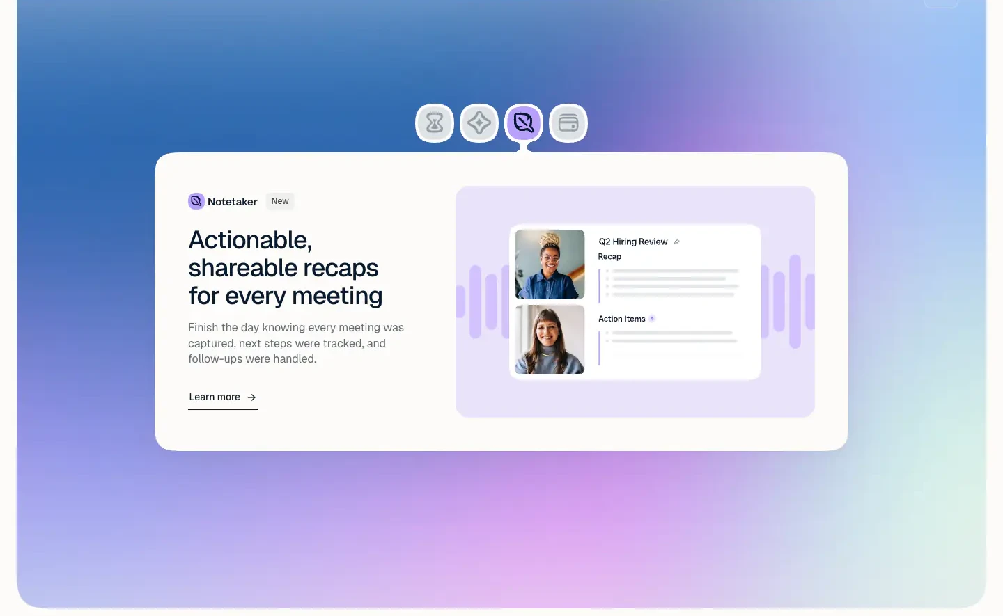 Actionable Meeting Recaps Feature feature-card section from Calendly