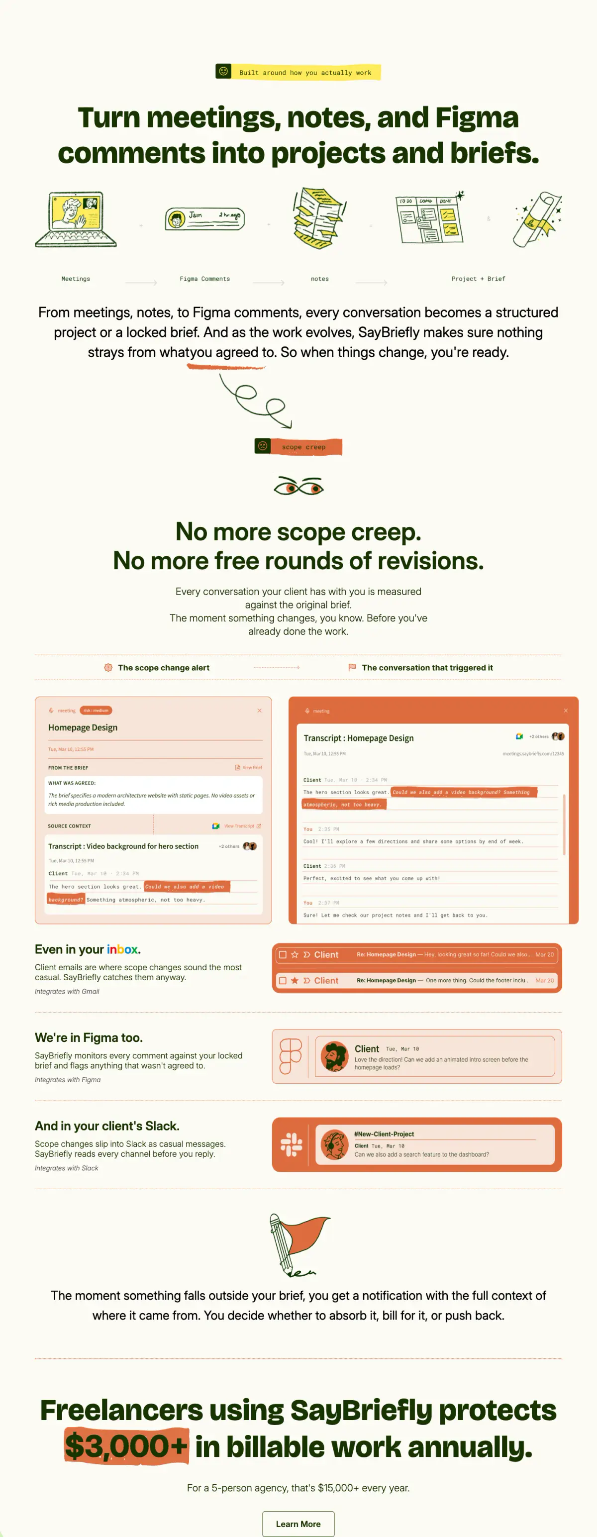 Turn meetings, notes, and Figma comments into projects and briefs. features section from Saybriefly