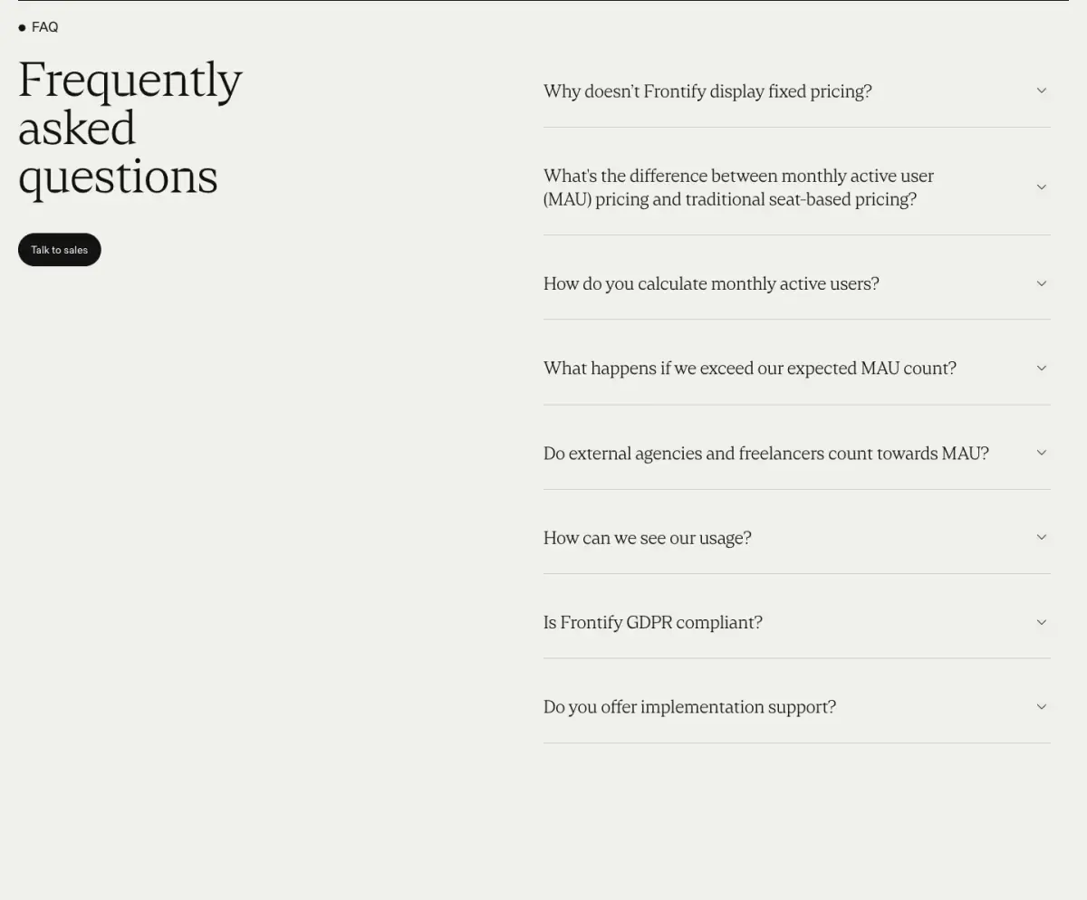 Frequently asked questions FAQ section from Frontify