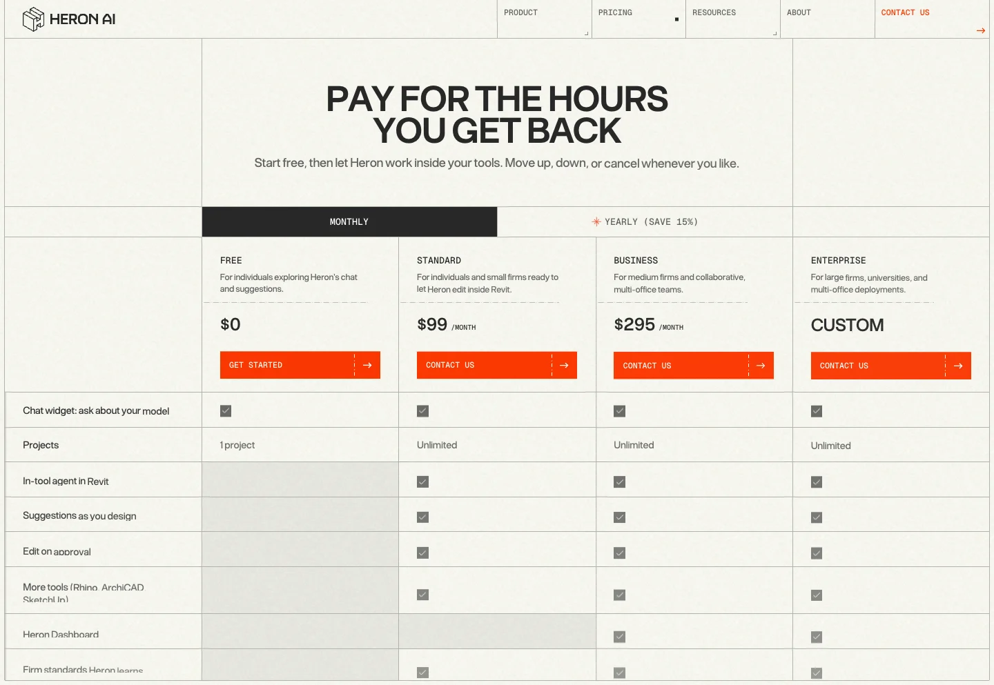 PAY FOR THE HOURS YOU GET BACK hero section from Heron AI